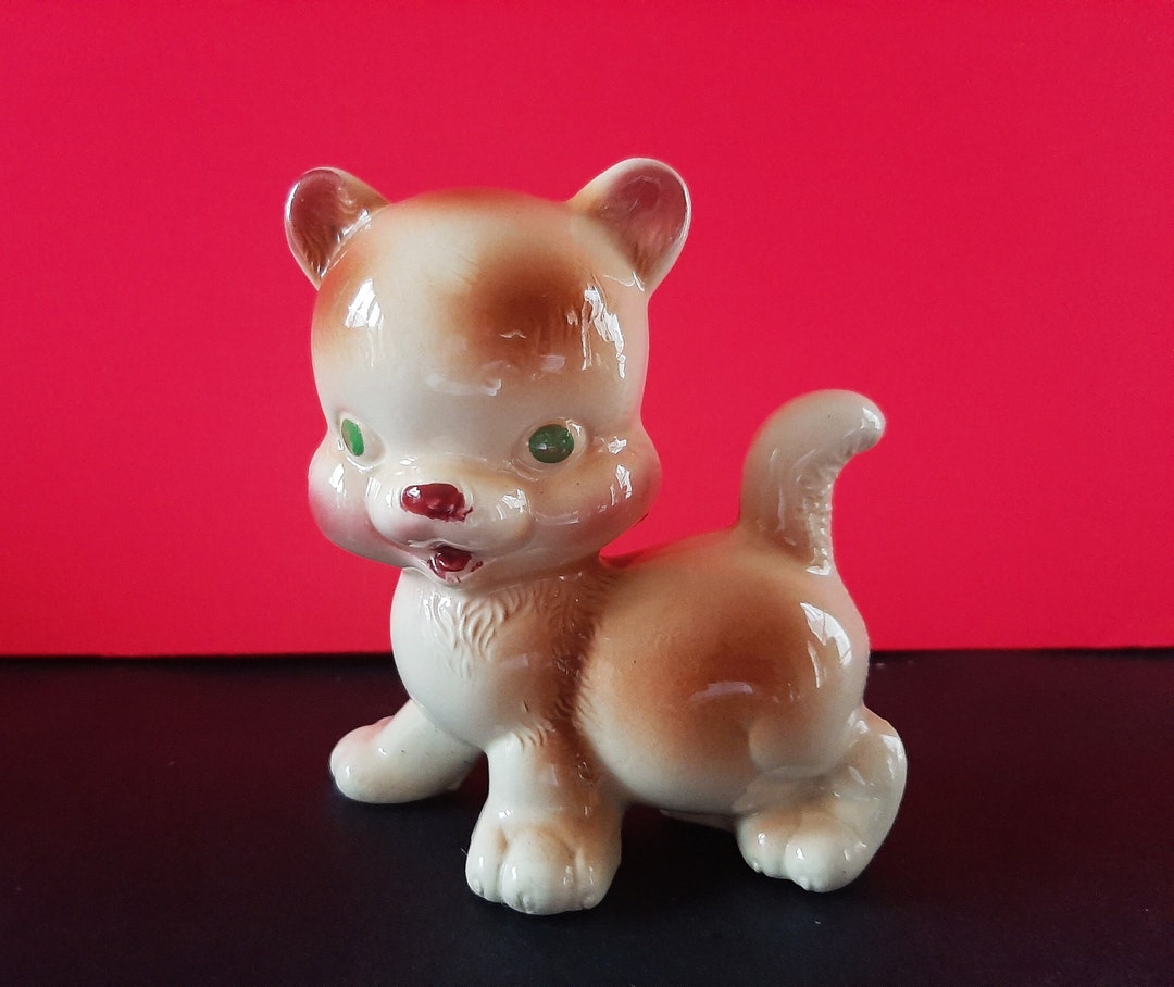 Vintage Kitschy Puppy Figurine With Big Head and Green Eyes, Short