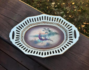 Vintage Bavaria Lattice Trinket Dish: Bird of Paradise & Pheasant Decor