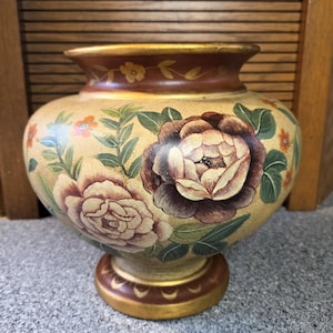 Vintage Large Heavy Metal Chinese Hand Painted Floral Vase, Hand Painted Chinese Jardiniere w Flowers, Large Metal Planter, Asian Decor