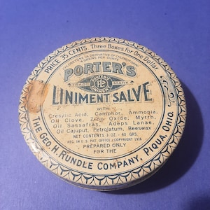 Antique Porter&#39;s Liniment Salve Geo H. Rundle Company 1916, Collectible General Store or Pharmacy Tin, Early 1900s Salve Tin, Movie Prop