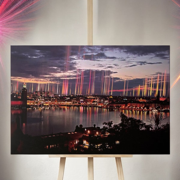 Printable Wall Art, Stockholm City Night Skyline, Colorful Beams, Water Reflection, Digital Download, Instant Home Decor, Eclectic Poster