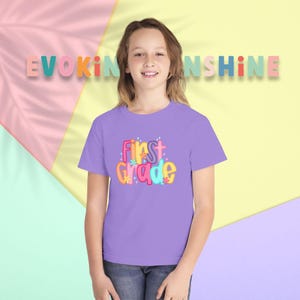 First Grade Youth Comfort Colors Tee, Back to School Shirt, Fun Kids Tee, Tween Birthday Gift, Colorful Grade Shirt, Cute Class Tee