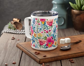Floral Insulated Coffee Mug - Vibrant Garden Design, Gift for Coffee Lovers, Travel Mug, Home Accessories, Nature-Inspired Drinkware