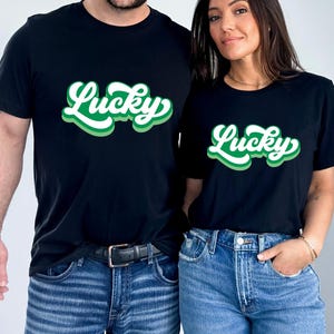 Retro Lucky St Patrick&#39;s Day T-Shirt, Vintage Irish Shamrock Tee, Unisex Softstyle Top, St Patty&#39;s Day Apparel, Green Shadow Text Shirt