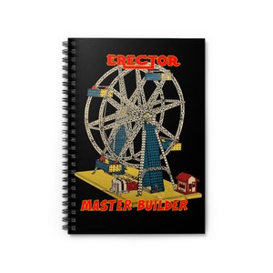 Puede incluir: Una ilustración en blanco y negro de una noria hecha con piezas de un juego de construcción Erector. El texto "Erector Master Builder" está impreso en rojo y blanco sobre un fondo negro.