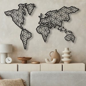 Art mural carte du monde géométrique moderne en métal noir pour décoration de salon Ajoutez un style unique à votre maison avec cette carte