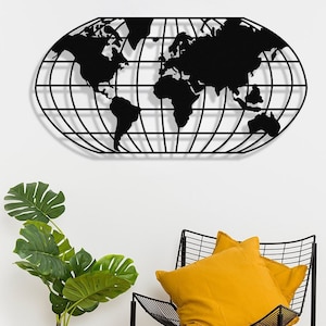 Décoration murale moderne en forme de globe terrestre en métal noir, carte du monde, décoration de salon Améliorez votre espace avec une conception élégante de carte du monde en 3D