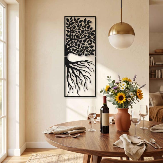 Metall-Baum-Wandkunst – Vertikale Lebensbaum-Deko für Wohnzimmer – Große Metall-Wanddeko für Innen- und Außenbereiche