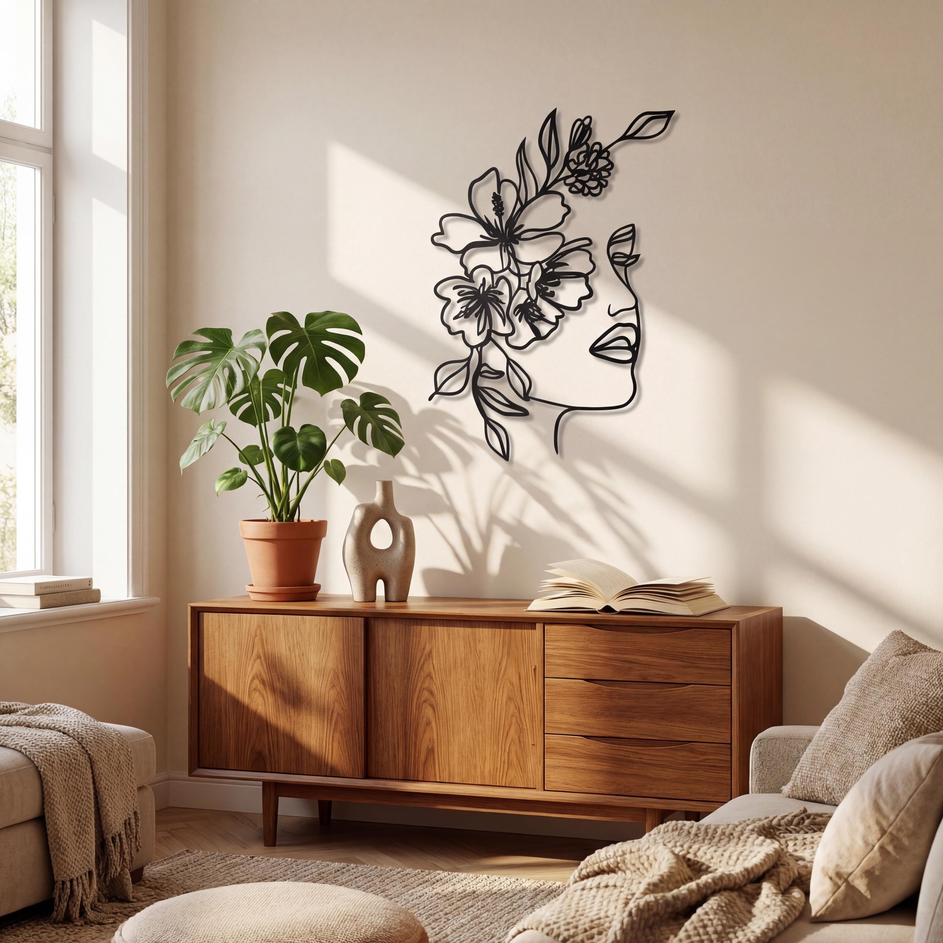 Floral Woman Face Metal Wall Art, Flower Girl Line Art Home Decor ...