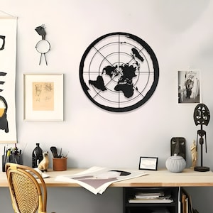 Mapa del mundo de metal, arte mural de la Tierra plana, mapa de la Tierra plana, letrero decorativo de pared, póster de la Tierra plana, decoración de oficina, azimutal, regalo del Día del Padre
