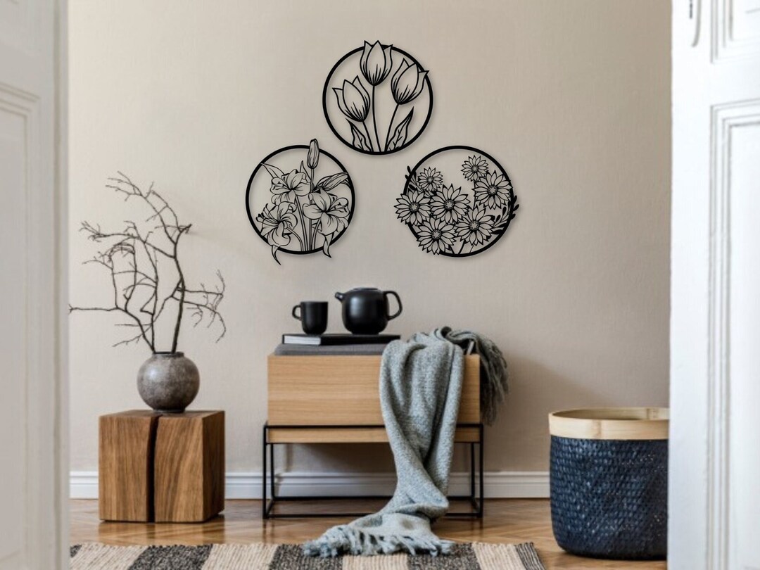 3 Piece Set Flowers Metal Wall Art, Metal Wall Decor, Home Decoration ...