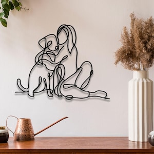 Woman Holding Dog Metal Line Wall Art, Dog Lovers Birthday Gift, Dog Lovers Wire Metal Wall Decor, National Pet Day, Mother&#39;s Day Gift