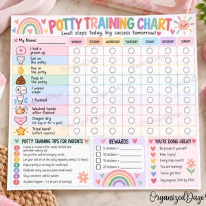 May include: A colorful potty training chart with a rainbow and sun graphic, featuring the text Potty Training Chart and Small steps today, big success tomorrow. It includes rows for daily tasks, a rewards section, and parenting tips.