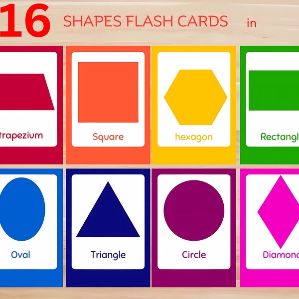 16, shapes flashcards, colorful, learning , printable