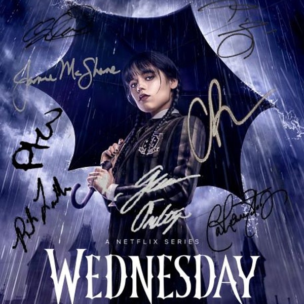 Wednesday Addams - Reproduction (RP)/Preprinted (PP) Signed Autographed 8x10-inch Photo, Jenna Ortega, Christina Ricci, Percy Hynes White