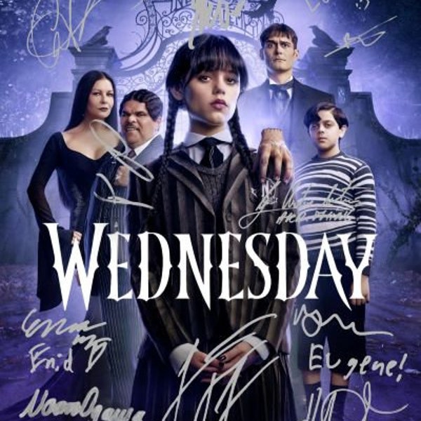 Wednesday Addams - Reproduction (RP)/Preprinted (PP) Signed Autographed Photo, Jenna Ortega, Hunter Doohan, Emma Myers, Catherine Zeta-Jone