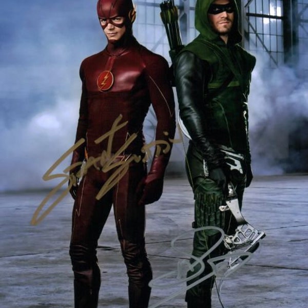 The CW Arrow, The Flash - Reprinted/Reprint (RP) Signed Autograph Autographed 8x10-inch Photo Photograph Print, Grant Gustin, Stephen Amell