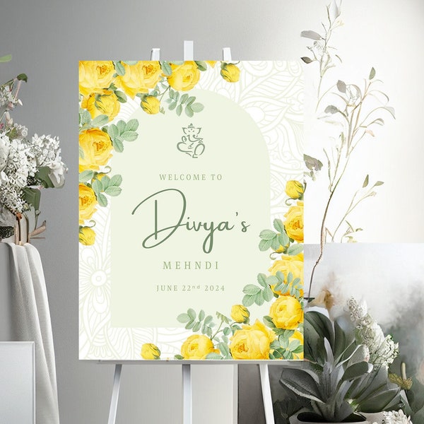 Yellow Floral Mehendi Sangeet Printable Welcome Sign for Hindu, Gujarati, Punjabi, Sikh, and Indian Weddings - Fast Delivery