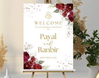 Maroon floral Wedding Welcome Sign for Hindu, Gujarati, South Indian Weddings, Instant Digital Download