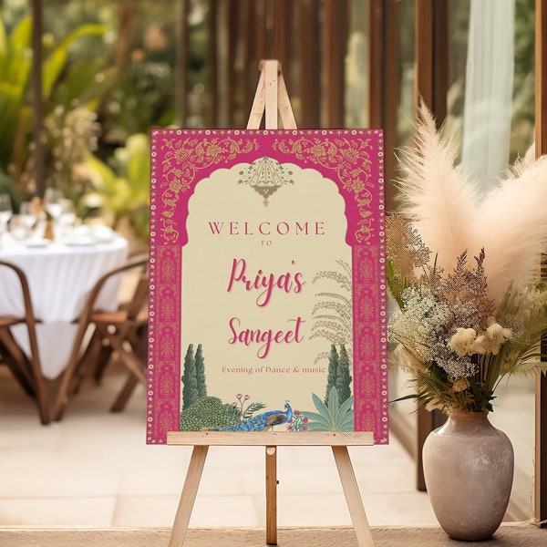 Letrero de bienvenida Sangeet tradicional rosa premium para bodas indias. Varios tamaños, archivos de alta resolución. Descarga digital.