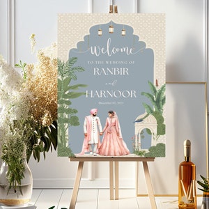 Anand Karaj Sign with Couple Illustration customizable for Sikh Weddings, Includes high resolution PDF Fast Delivery