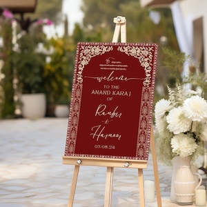 Placa de boas-vindas vermelho-marrom | Anand Karaj | Placa de casamento Sikh | Personalizável | Download digital instantâneo