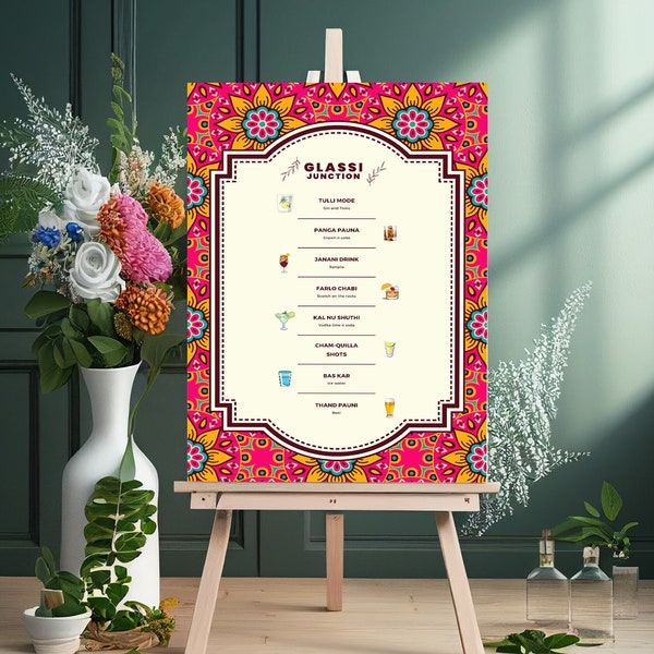 Customizable Drinks and Bar Menu Sign for Sangeet, Mayian, Mehndi, Jago, Reception, Weddings, Personalized Cocktail Menu - Digital Download