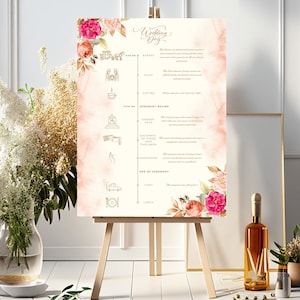 May include: A wedding day timeline sign with a watercolour background and floral accents. The sign lists the order of events for the ceremony, including the arrival of the guests, the start of the ceremony, the exchange of rings, and the end of the ceremony.