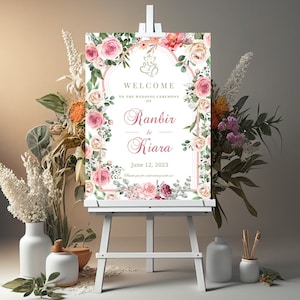 Floral Wedding Welcome Sign for Hindu, Gujarati, South Indian Weddings, printable digital download