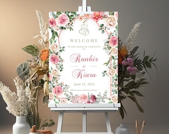 Floral Wedding Welcome Sign for Hindu, Gujarati, South Indian Weddings, printable digital download