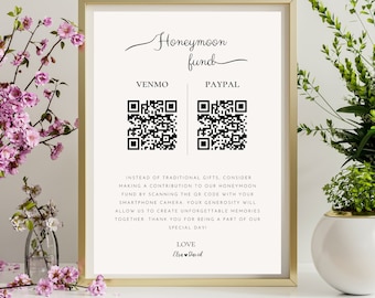 May include: A white sign with black text and two QR codes. The sign reads "Honeymoon fund", "Venmo", "Paypal", "Instead of traditional gifts, consider making a contribution to our honeymoon fund by scanning the QR code with your smartphone camera. Your generosity will allow us to create unforgettable memories together. Thank you for being a part of our special day! Love Elsa & David"