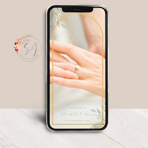 May include: A smartphone mockup with a wedding invitation design. The invitation features a gold arch with a floral design and the text "The Wedding of Elizabeth & Kevin, 27th December 2022".