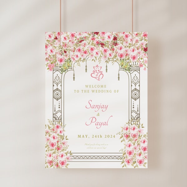 Wedding Welcome Sign for Hindu, Gujarati, South Indian Weddings, Tamil Wedding, printable digital download - Mandap design