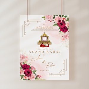 Anand Karaj Welcome Sign with Red and Pink Theme customizable for Reception, Roka, Engagement  Includes high resolution PDF Fast Delivery