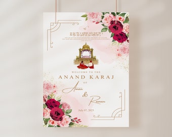 Anand Karaj Welcome Sign with Red and Pink Theme customizable for Reception, Roka, Engagement - Instant Download Template