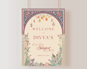 May include: A welcome sign for a Sangeet celebration with a floral and archway design. The sign reads "Welcome to Divya's Sangeet, March 21, 2024".