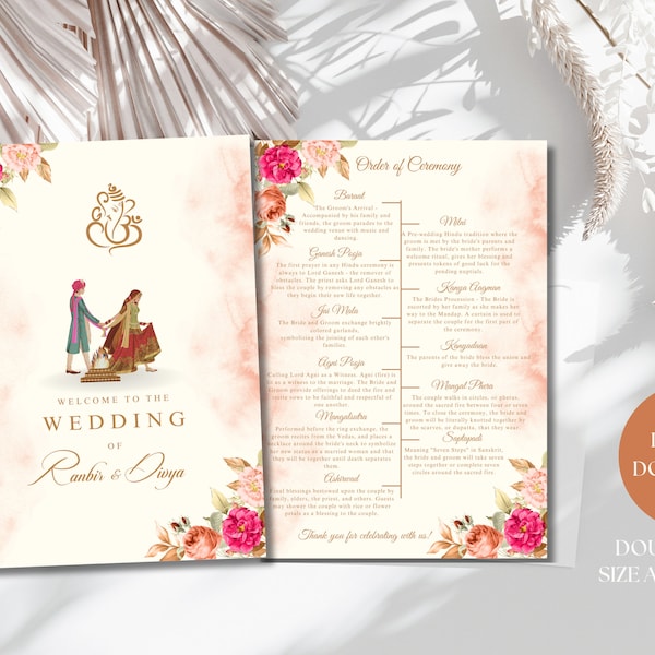 DIY Hindu Wedding program guide elegant floral design, Wedding ceremony guide customizable & printable | Instant Download Canva Template