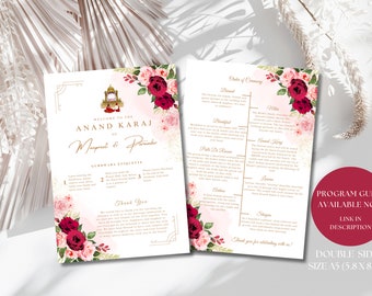 DIY Sikh Wedding program guide elegant red floral design, Wedding ceremony guide customizable & printable | Instant Download Canva Template