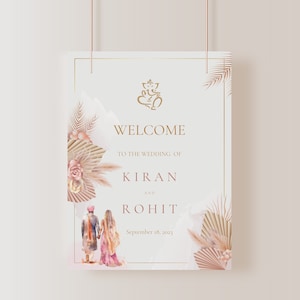 Elegante signo de bienvenida de boda Boho para bodas hindúes, gujarati, del sur de la India con ilustración de pareja, descarga digital imprimible