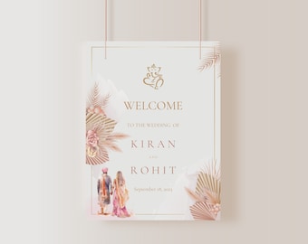 Elegant Boho Wedding Welcome Sign for Hindu, Gujarati, South Indian Weddings with couple illustration, printable digital download
