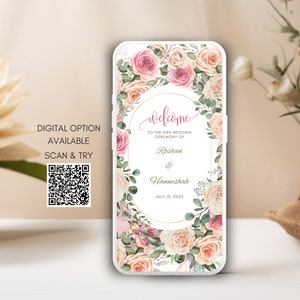 May include: A digital wedding invitation with a floral design. The invitation features a gold circle with the text "Welcome to the Sikh Wedding Ceremony of Roshan & Hanneshah July 18, 2023".