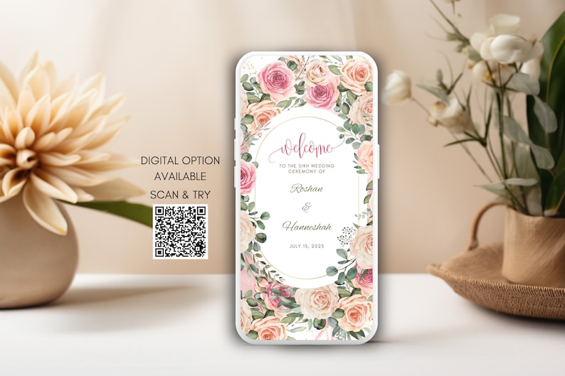 May include: A digital wedding invitation with a floral design. The invitation features a gold circle with the text "Welcome to the Sikh Wedding Ceremony of Roshan & Hanneshah July 18, 2023".