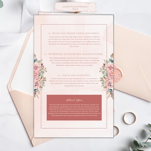 May include: A pink and green floral wedding invitation booklet with the text "4 Sided Folded Booklet Back" at the top. The booklet includes details about the bride and groom games, showering of blessings, lunch and blessings, and a thank you message.