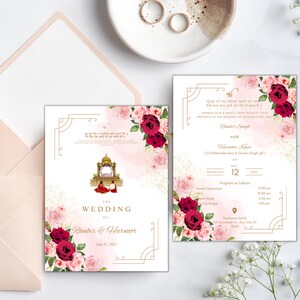 May include: A wedding invitation featuring a floral design with pink and red roses. The invitation includes the names Ranbir and Harnoor, the date 7 July 2023, and the text "The Wedding of".