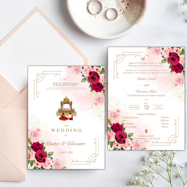 May include: A wedding invitation featuring a floral design with pink and red roses. The invitation includes the names Ranbir and Harnoor, the date 7 July 2023, and the text "The Wedding of".