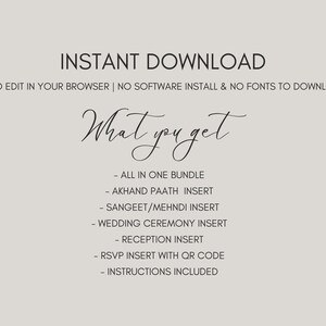 May include: A digital download for a wedding invitation suite. The text reads "Instant Download" and "What you get". The suite includes an all-in-one bundle, Akhand Paath insert, Sangeet/Mehndi insert, Wedding Ceremony insert, Reception insert, RSVP insert with QR code, and instructions.
