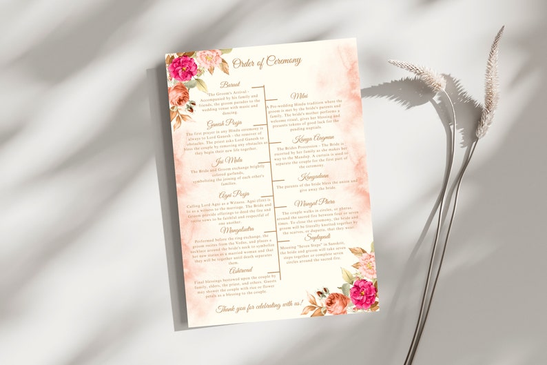 DIY Hindu Wedding Program Guide Elegant Floral Design, Wedding Ceremony ...