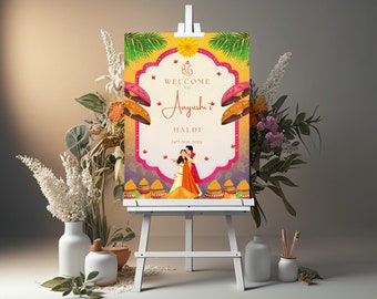 May include: A yellow and pink welcome sign with a floral design and the text "Welcome to Aayushi's Haldi 24th May 2024".