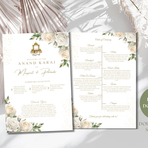 Guia de programação para casamento Sikh "faça você mesmo": design floral em canto verde, guia para cerimônia de casamento personalizável e para impressão | Modelo Canva para download instantâneo