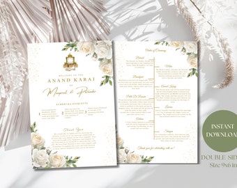 Peut inclure: Programme de mariage recto verso avec des roses blanches et des accents dorés. La face avant présente un accueil à l'Anand Karaj de Mopal & Paramvir. La face arrière comprend l'ordre de la cérémonie. Le programme mesure 9x6 pouces.